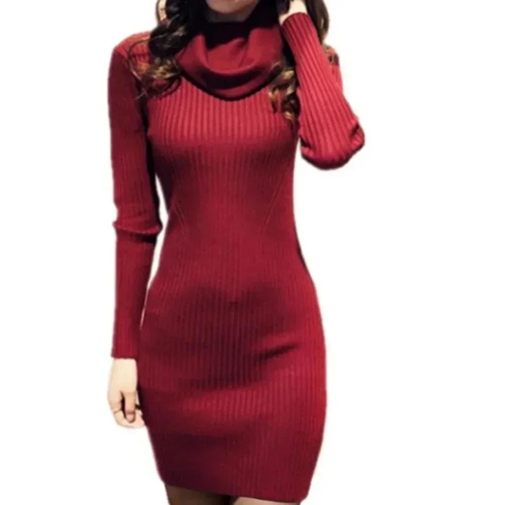 Cable knit RIBBED KNIT FITTED COWL NECK LONG SLEEVE SWEATER DRESS